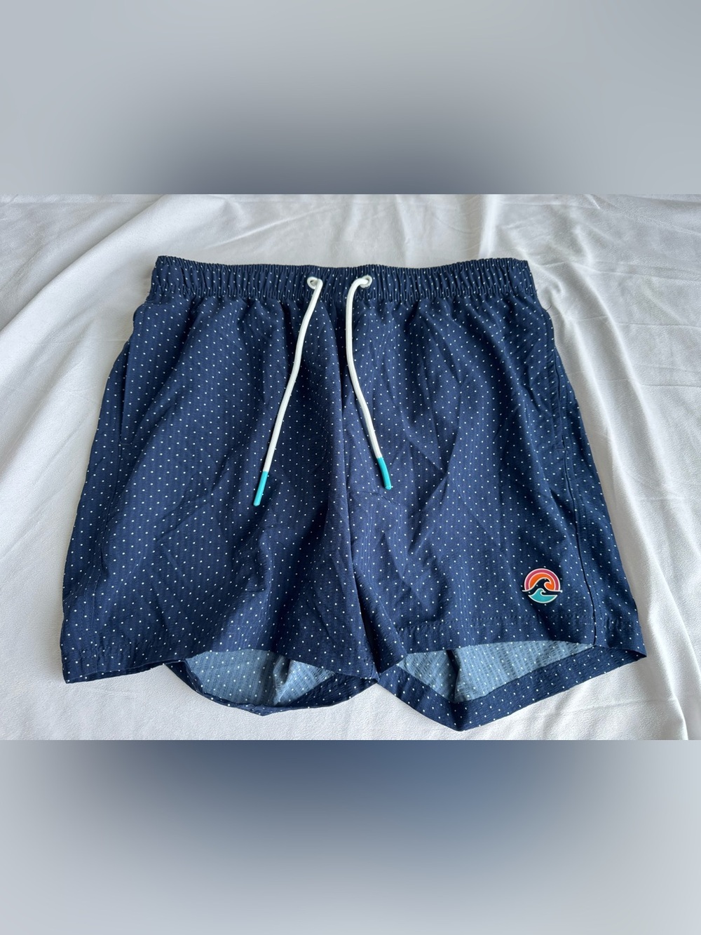 Broken Threads Navy Blue Polka Dot Mesh Lined Swim Trunks Men Medium Drawstring
